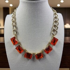 Chunky Orange Crystal Statement Necklace Gold Tone Emerald Cut Y2K Glam Cocktail